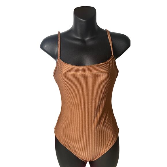Aerie Brown ribbed one piece beach swimsuit scoop back Small New - Picture 1 of 4